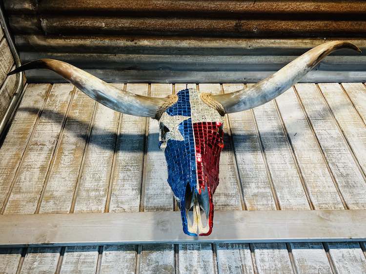 patriotic longhorn skull at Butler's Courtyard in League City